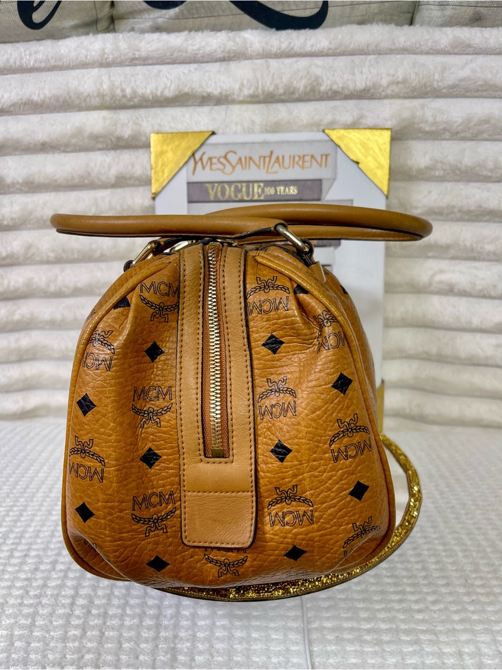 MCM Cognac Visetos Monogram Barrel Tote/Satchel Bag - Picture 6 of 15